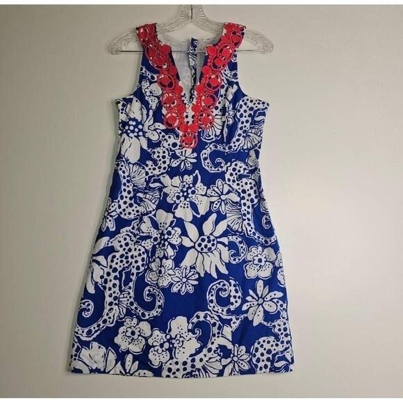 Lilly Pulitzer Augusta Dress Deep Sea Blue Lace Trim Shift Sleeveless Size 6